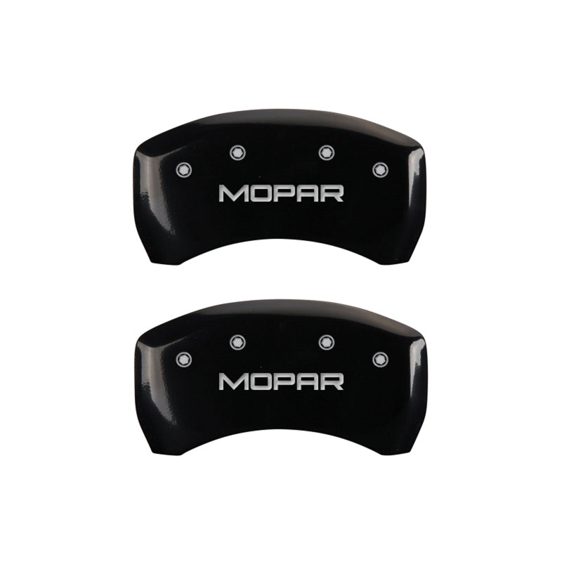Load image into Gallery viewer, MGP 4 Caliper Covers Engraved Front &amp; Rear MOPAR Black finish silver ch
