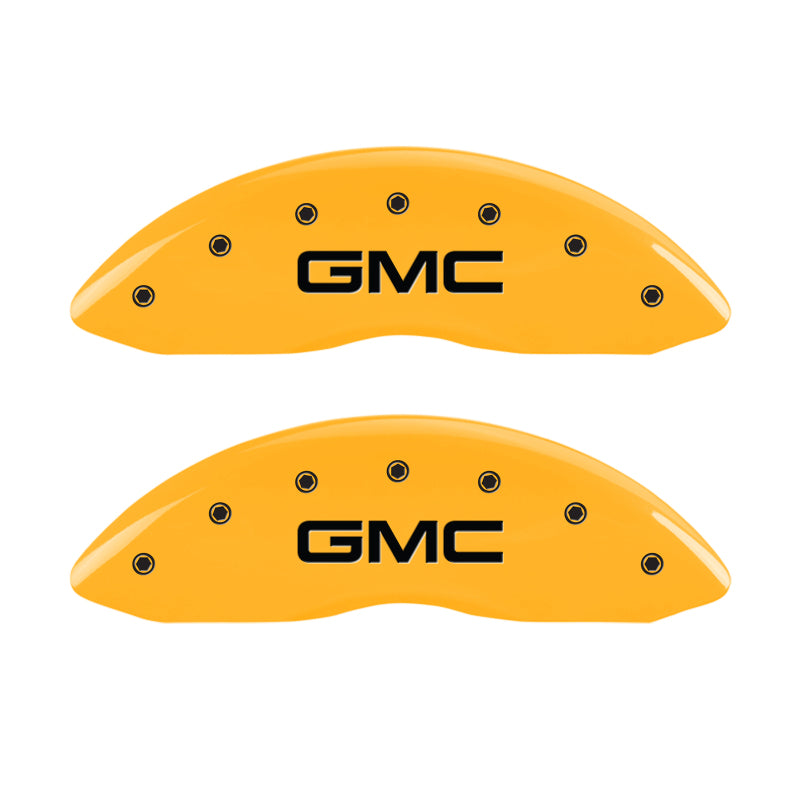 Load image into Gallery viewer, MGP Front set 2 Caliper Covers Engraved Front GMC Yellow finish black ch
