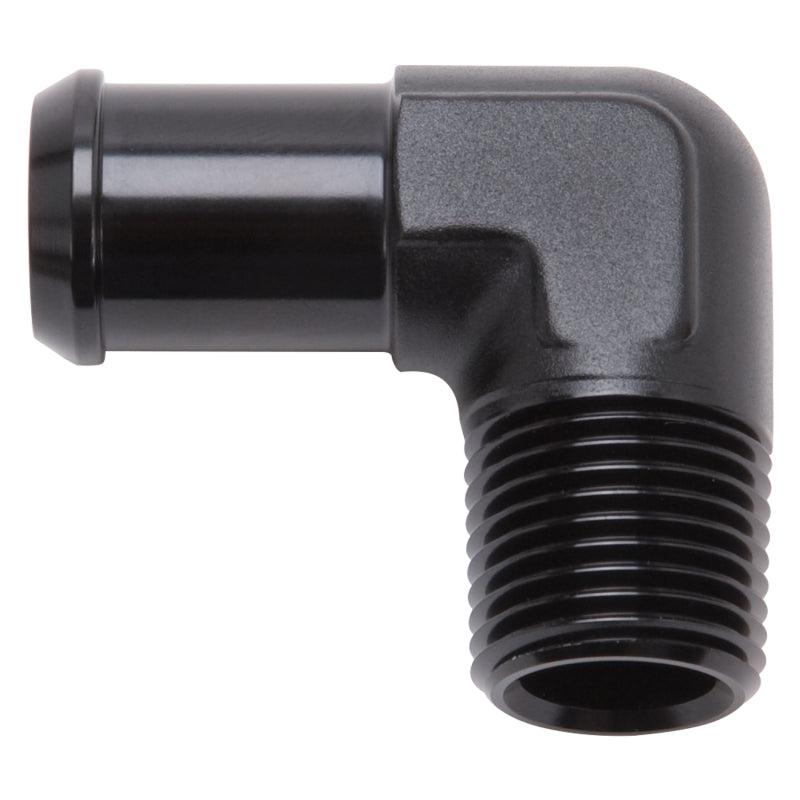 Load image into Gallery viewer, Edelbrock Hose End 90-Deg 1/2In NPT to 1/2In Barb Black Anodize
