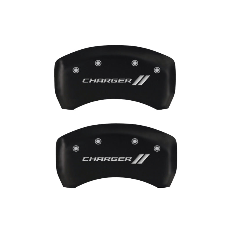 Load image into Gallery viewer, MGP 4 Caliper Covers Engraved Front &amp; Rear With stripes/Charger Red finish silver ch
