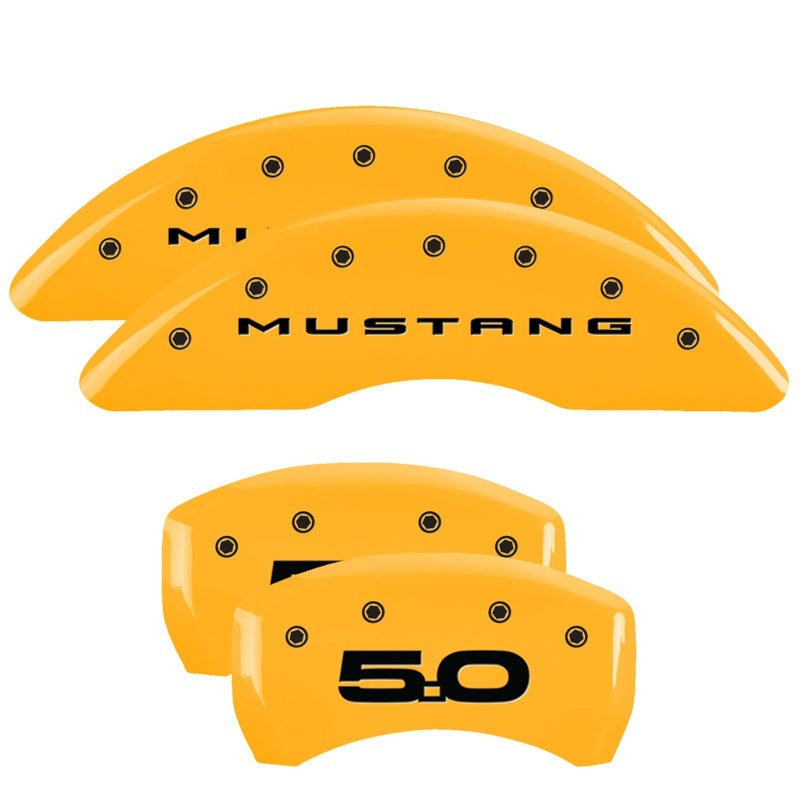 Load image into Gallery viewer, MGP 4 Caliper Covers Engraved Front 2015/Mustang Engraved Rear 2015/50 Yellow finish black ch
