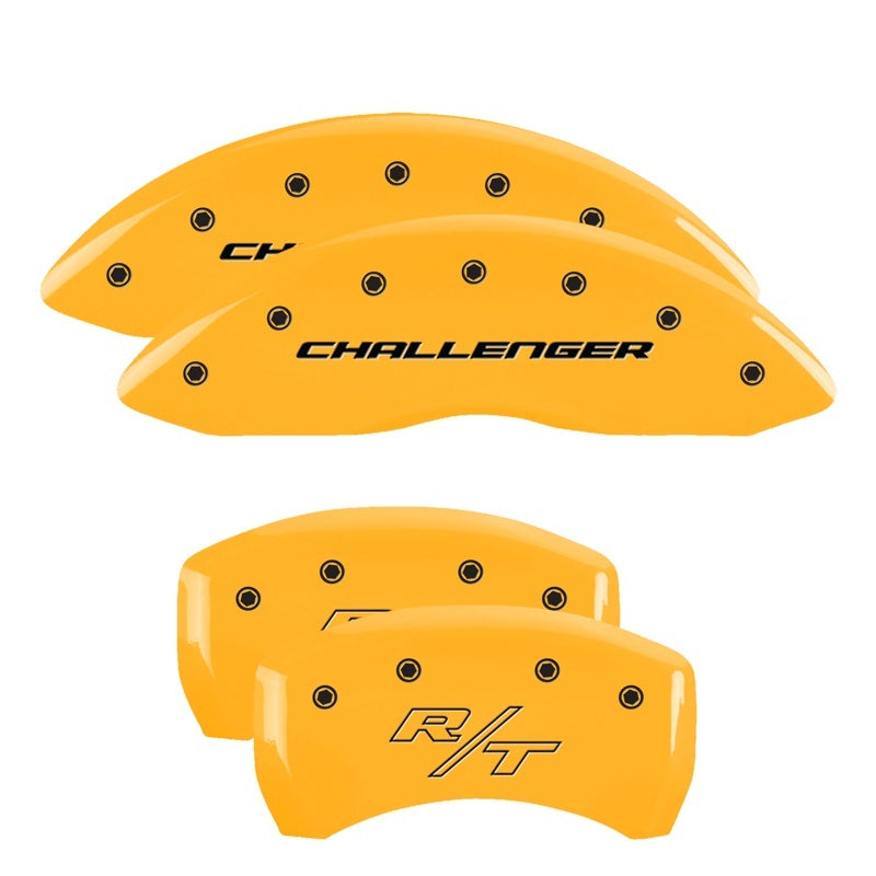 Load image into Gallery viewer, MGP 4 Caliper Covers Engrvd Front Block/Challenger Engrvd Rear Vintage Style/RT Yellow fnsh Blk ch
