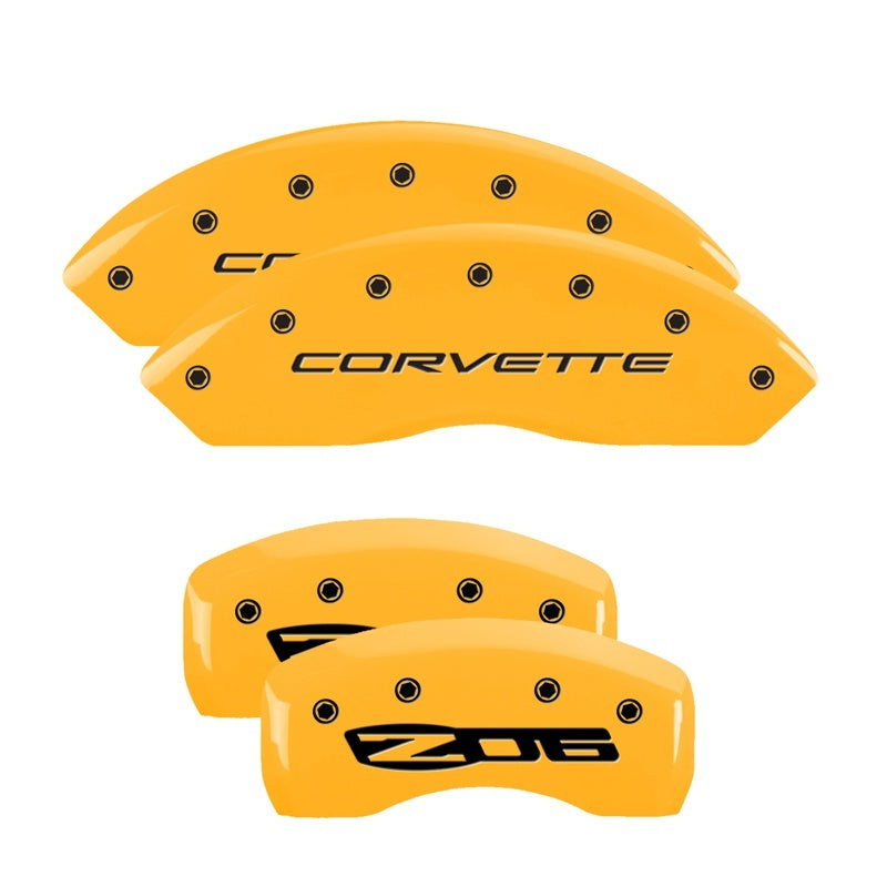 Load image into Gallery viewer, MGP 4 Caliper Covers Engraved Front C5/Corvette Engraved Rear C5/Z06 Yellow finish black ch
