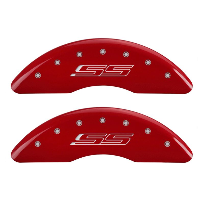 Load image into Gallery viewer, MGP 4 Caliper Covers Engraved Front &amp; Rear Gen 5/SS Red finish silver ch
