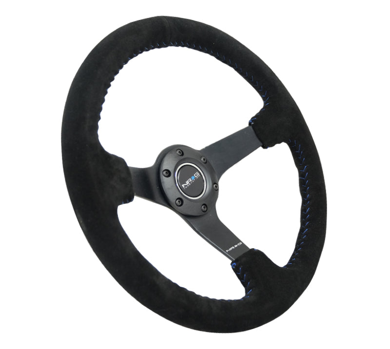 Load image into Gallery viewer, NRG Reinforced Steering Wheel (350mm / 3in. Deep) Blk Suede/Blue BBall Stitch w/5mm Matte Blk Spokes
