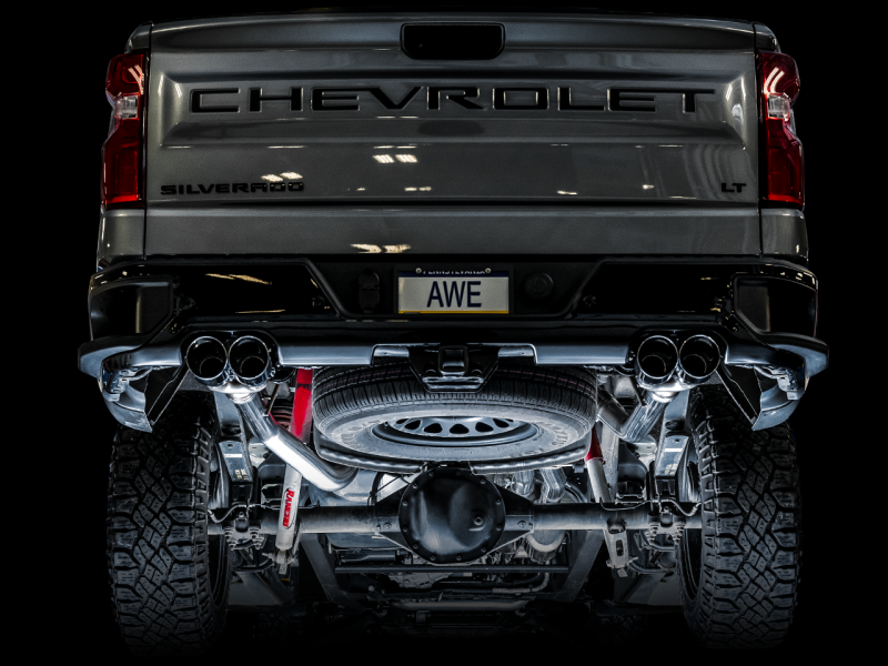 Load image into Gallery viewer, AWE Tuning 4th Gen GM 1500 6.2L 0FG Cat-Back Split Rear Exit (w/ Bumper Cutouts) - Quad Chrome Tips
