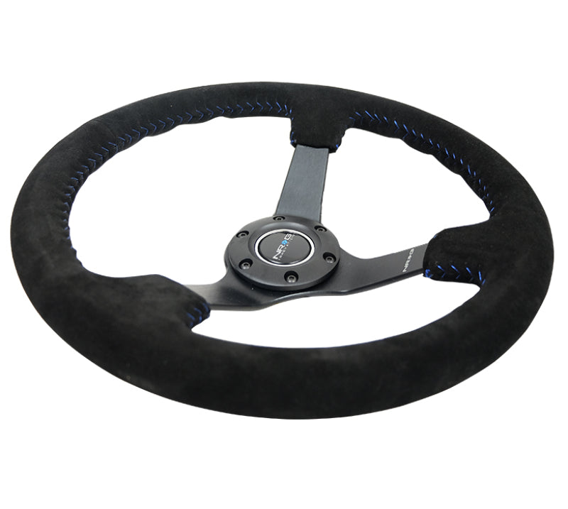 Load image into Gallery viewer, NRG Reinforced Steering Wheel (350mm / 3in. Deep) Blk Suede/Blue BBall Stitch w/5mm Matte Blk Spokes

