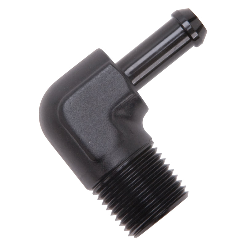 Load image into Gallery viewer, Edelbrock Hose End 90-Deg 1/2In NPT to 3/8In Barb Black Anodize
