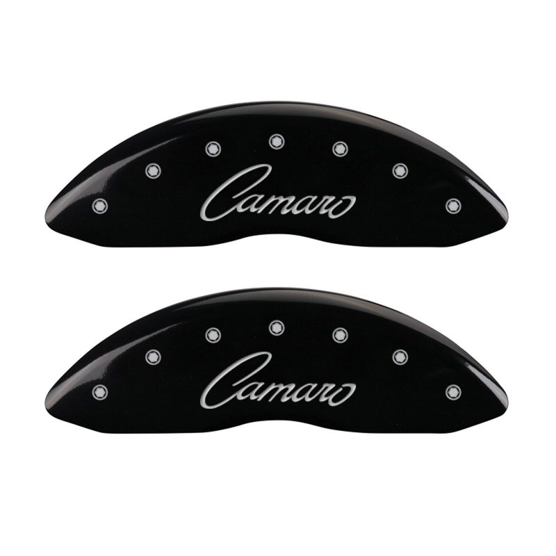 Load image into Gallery viewer, MGP 4 Caliper Covers Engraved Front &amp; Rear Cursive/Camaro Black finish silver ch
