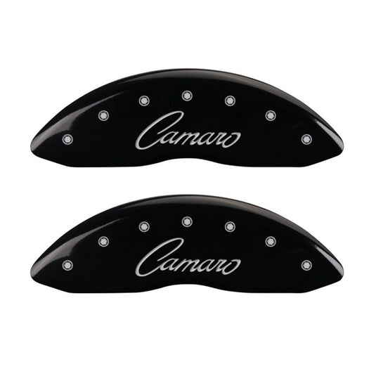 MGP 4 Caliper Covers Engraved Front & Rear Cursive/Camaro Black finish silver ch