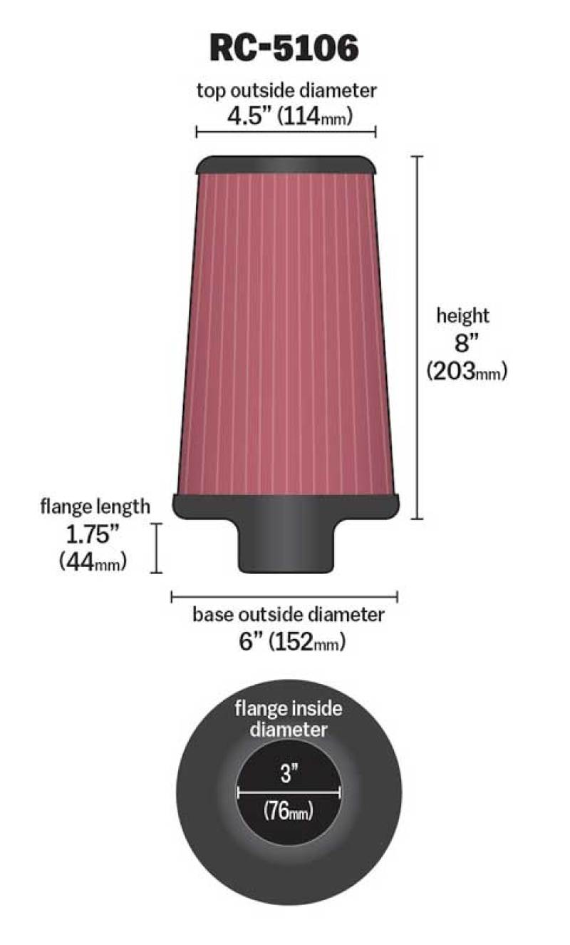 Load image into Gallery viewer, K&amp;N Universal ChromeRound Tapered Air Filter 3in Flange ID / 6in Base OD / 4.5in Top OD / 8in Height
