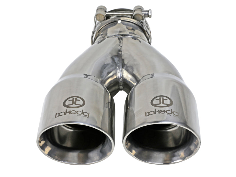 Load image into Gallery viewer, aFe Takeda 2.5in 304 Stainless Steel Clamp-on Exhaust Tip 2.5in Inlet 3in Dual Outlet - Polished
