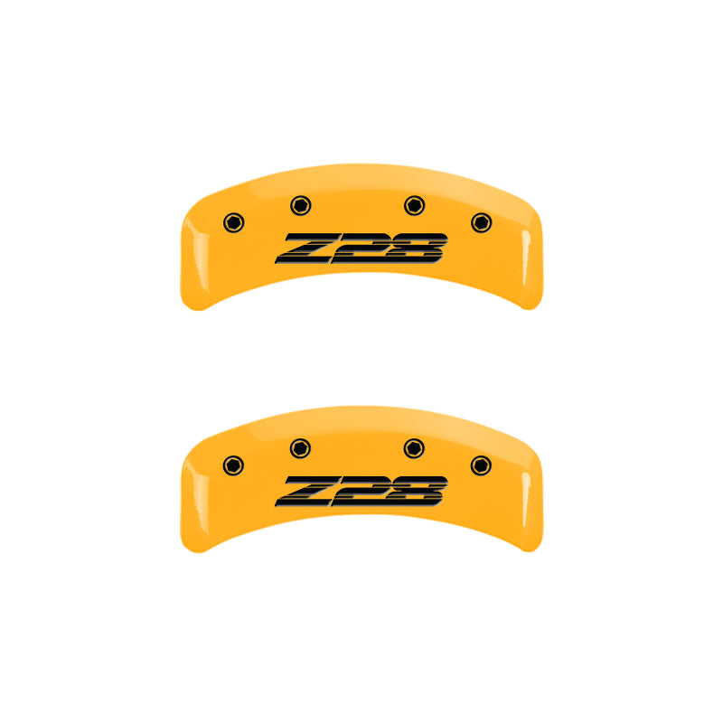 Load image into Gallery viewer, MGP 4 Caliper Covers Engraved Front Camaro Rear Z28 Yellow Finish Black Char 1997 Chevy Camaro
