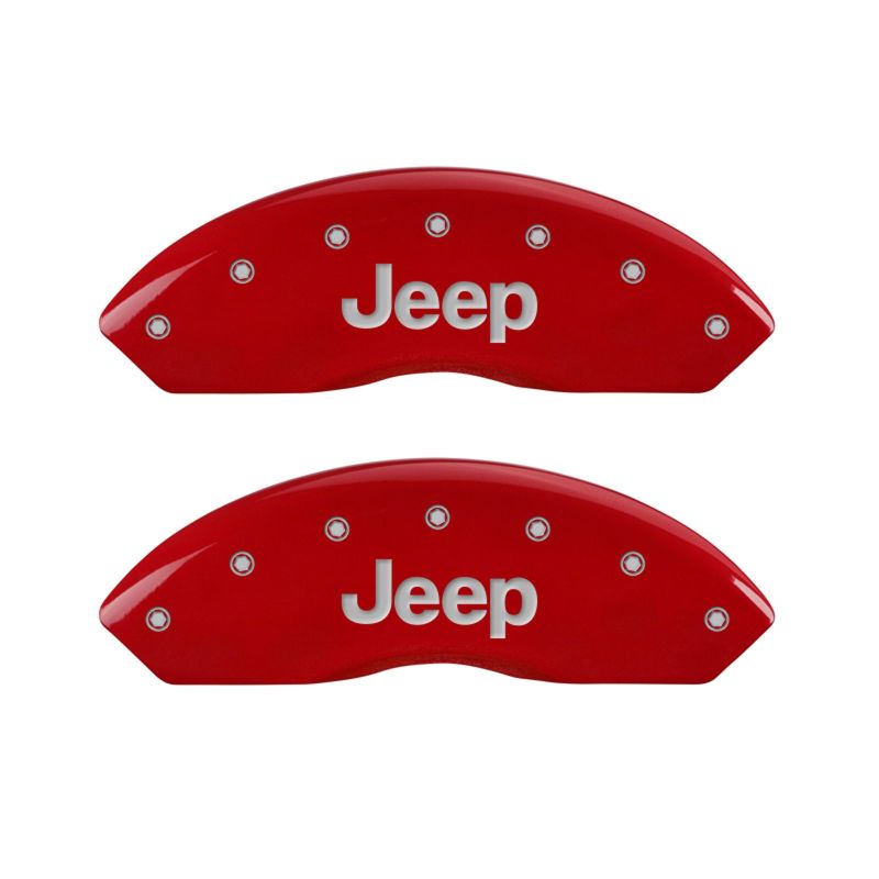 Load image into Gallery viewer, MGP 4 Caliper Covers Engraved Front &amp; Rear JEEP Red finish silver ch
