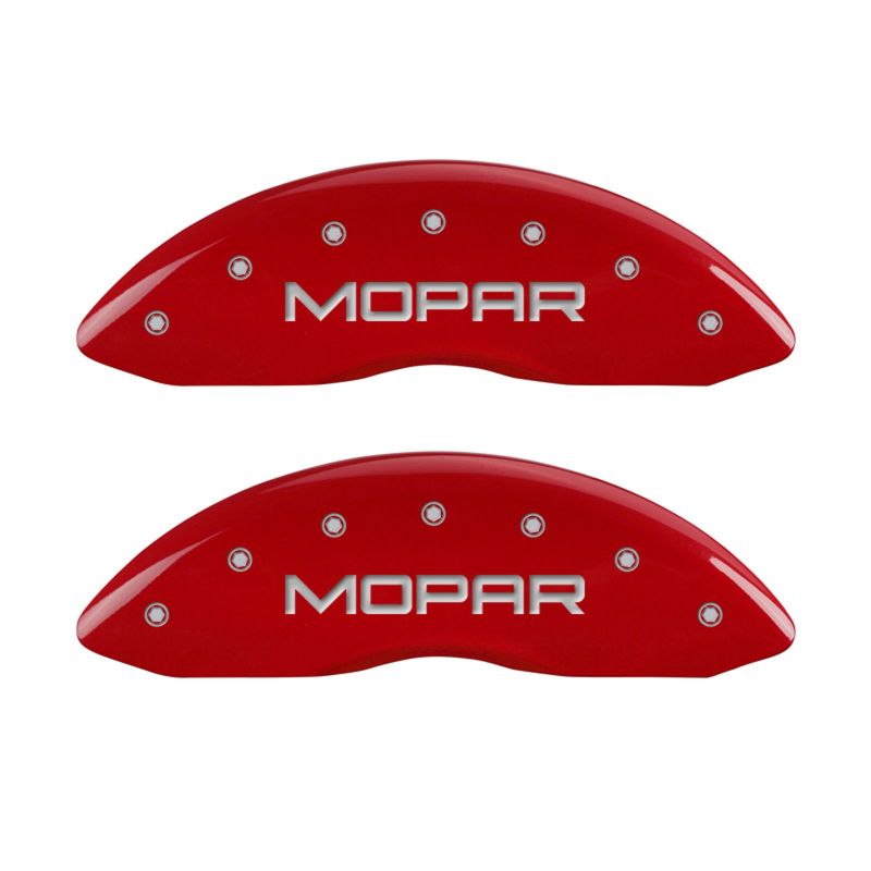 Load image into Gallery viewer, MGP 4 Caliper Covers Engraved Front &amp; Rear MOPAR Red finish silver ch
