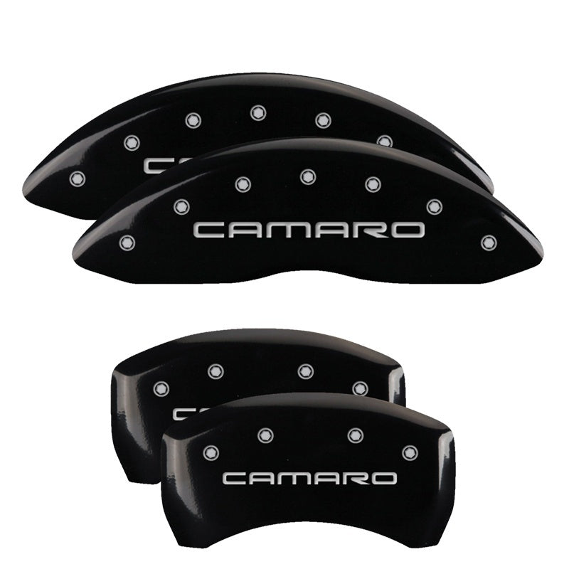 Load image into Gallery viewer, MGP 4 Caliper Covers Engraved Front &amp; Rear Gen 4/Camaro Black finish silver ch
