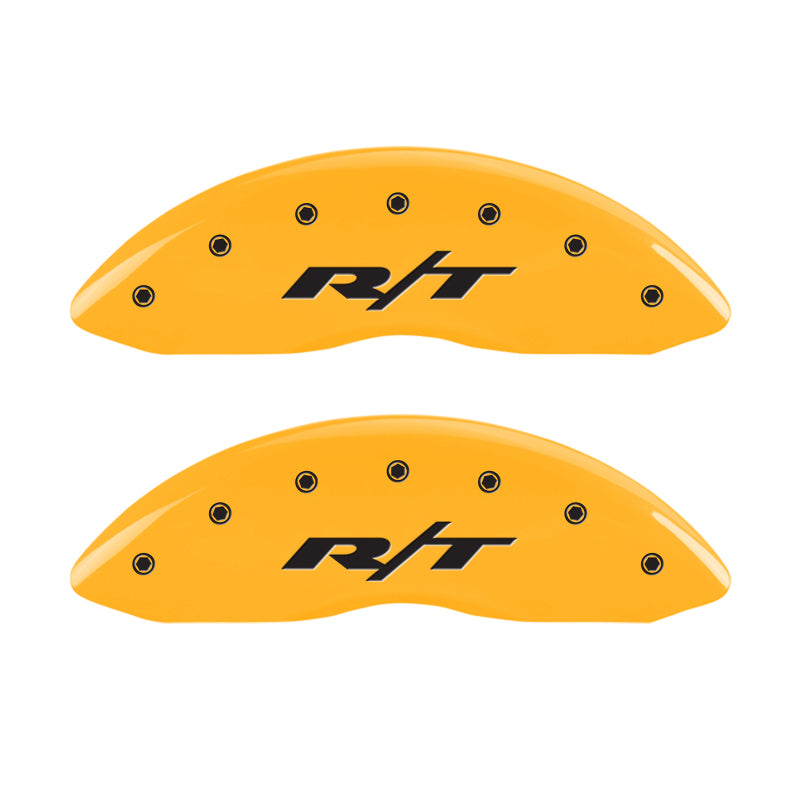 Load image into Gallery viewer, MGP 4 Caliper Covers Engraved Front &amp; Rear RT1-Truck Yellow finish black ch

