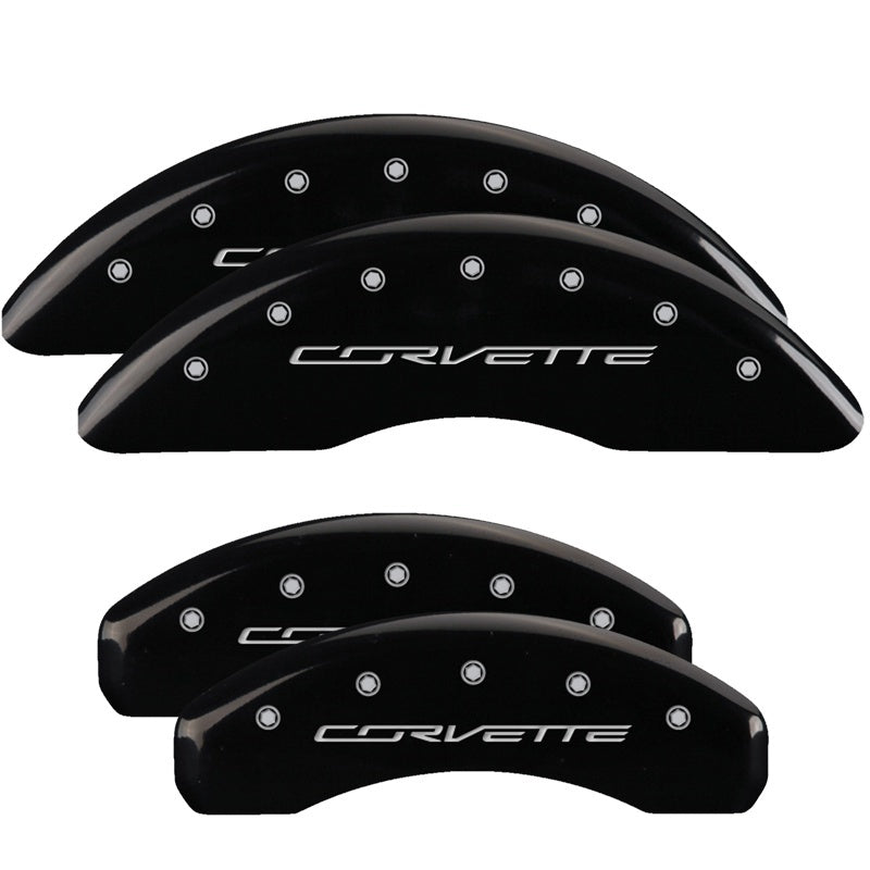 Load image into Gallery viewer, MGP 4 Caliper Covers Engraved Front &amp; Rear C7/Corvette Black finish silver ch
