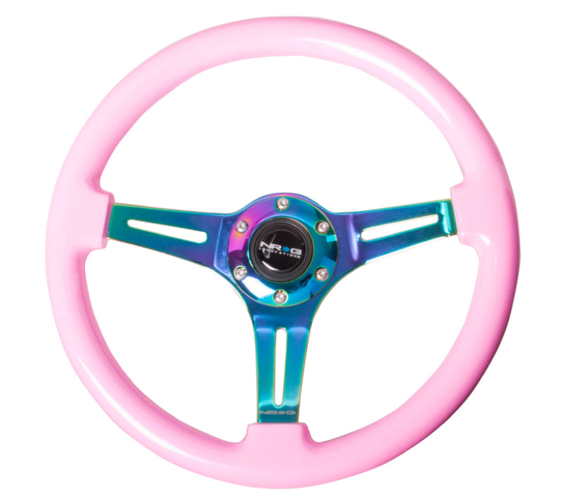 Load image into Gallery viewer, NRG Classic Wood Grain Steering Wheel (350mm) Solid Pink Painted Grip w/Neochrome 3-Spoke Center

