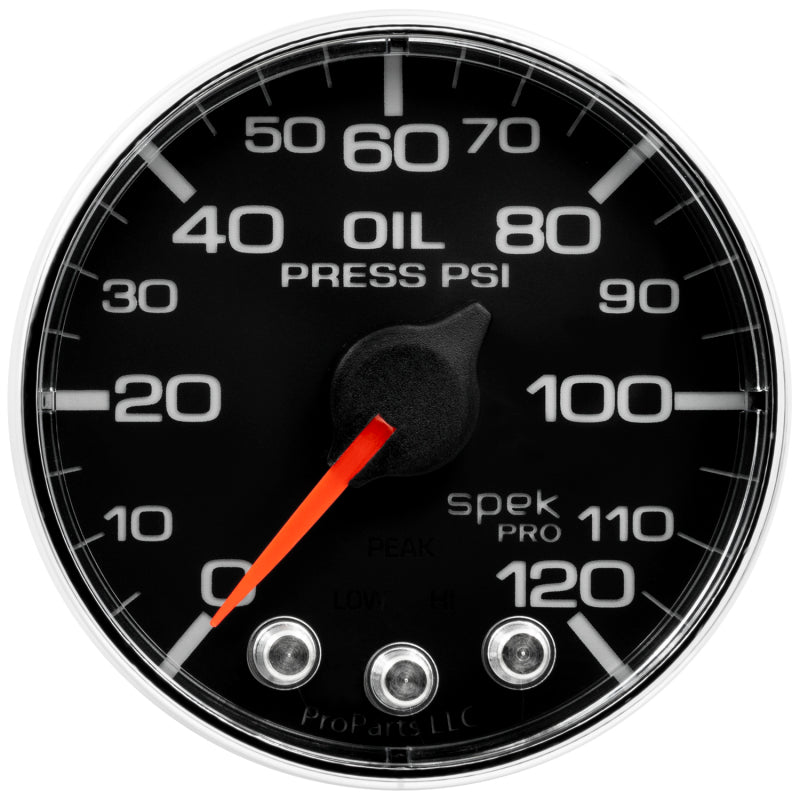 Load image into Gallery viewer, Autometer Spek-Pro Gauge Oil Press 2 1/16in 120psi Stepper Motor W/Peak &amp; Warn Blk/Chrm
