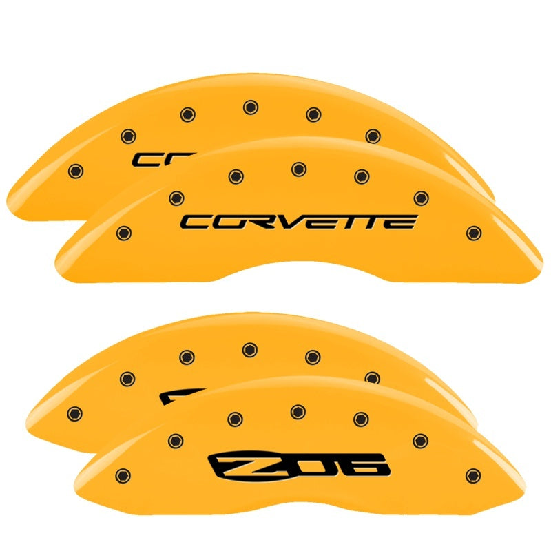 Load image into Gallery viewer, MGP 4 Caliper Covers Engraved Front C6/Corvette Engraved Rear C6/Z06 Yellow finish black ch
