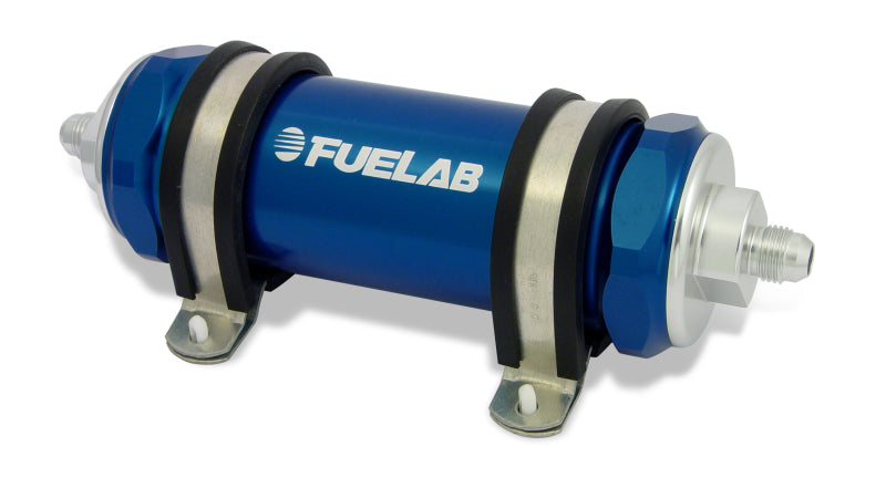 Load image into Gallery viewer, Fuelab 828 In-Line Fuel Filter Long -6AN In/Out 100 Micron Stainless - Blue
