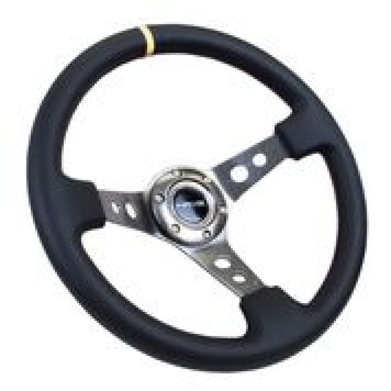 Load image into Gallery viewer, NRG Reinforced Steering Wheel (350mm / 3in. Deep) Blk Leather w/Gunmetal Cutout Spoke &amp; Yellow CM
