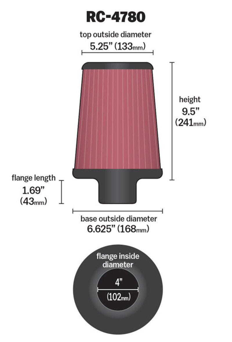 Load image into Gallery viewer, K&amp;N Universal Filter Round Tapered 4in FlangeID / 6.625in Base OD / 5.25in Top OD / 9.5in Height
