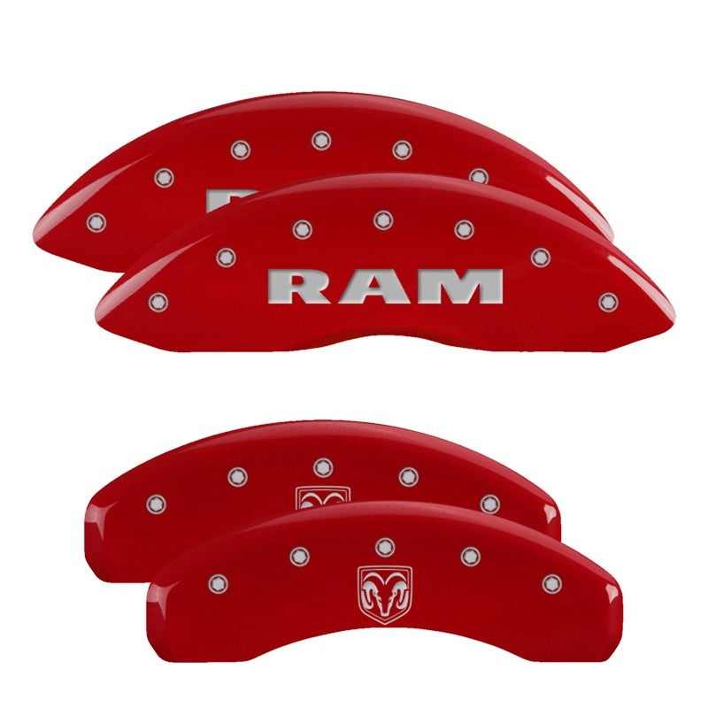 Load image into Gallery viewer, MGP 4 Caliper Covers Engraved Front RAM Engraved Rear RAMHEAD Red finish silver ch
