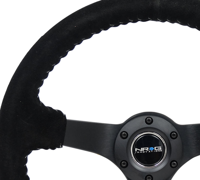 Load image into Gallery viewer, NRG Reinforced Steering Wheel (350mm / 3in. Deep) Blk Suede/Silver BBall Stitch w/5mm Mt. Blk Spokes
