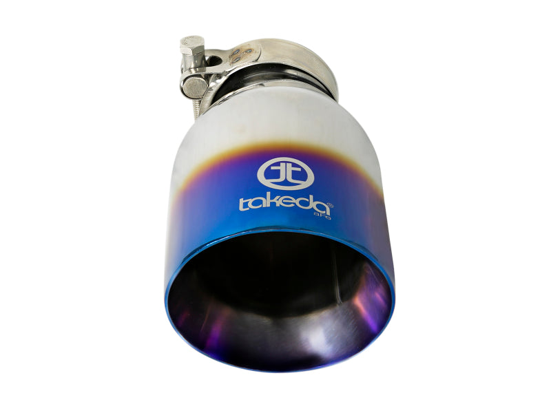 Load image into Gallery viewer, aFe Takeda 304 Stainless Steel Clamp-On Exhaust Tip 2.5in Inlet / 4in Outlet - Blue Flame
