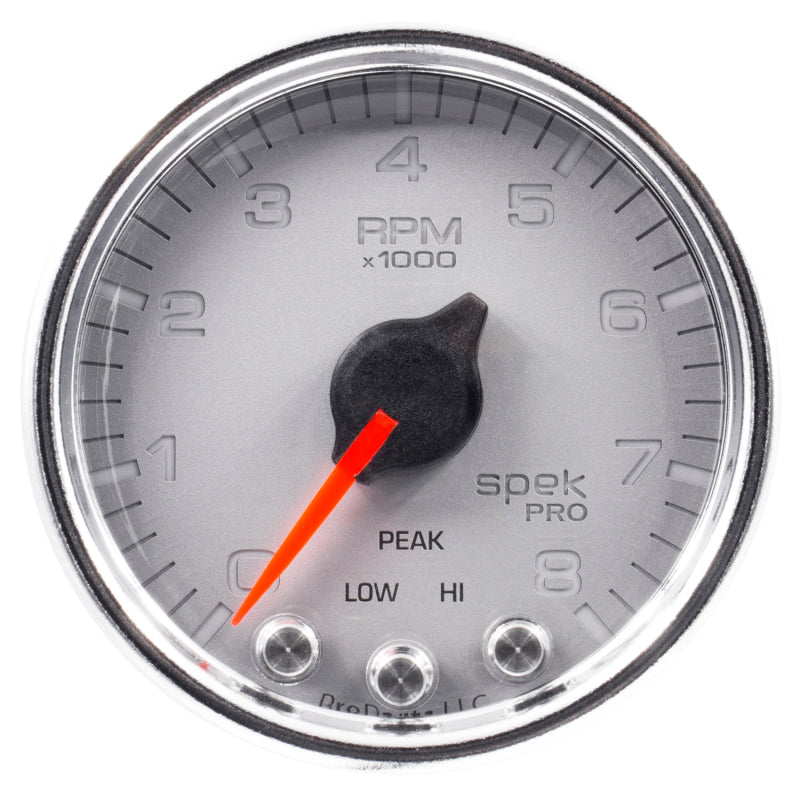 Load image into Gallery viewer, Autometer Spek-Pro Gauge Tach 2 1/16in 8K Rpm W/ Shift Light &amp; Peak Mem Slvr/Chrm
