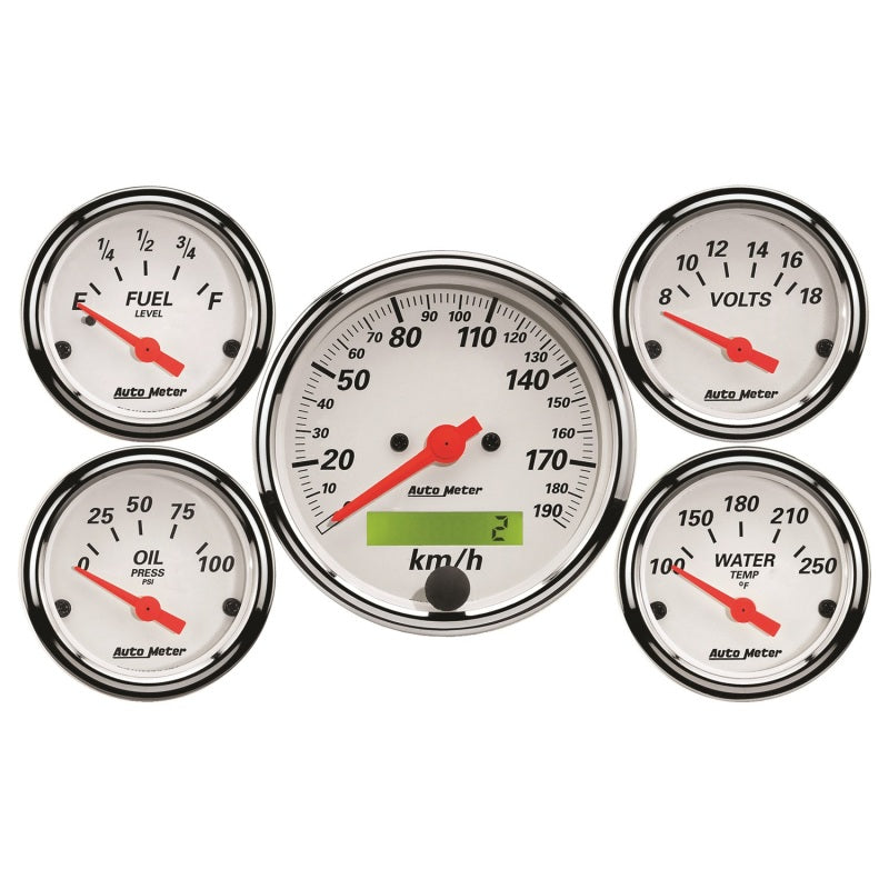Load image into Gallery viewer, Autometer Arctic White 5 Pc Kit Box w/ Elec KMH Speedo, Elec Oil Press, Water Temp, Volt, Fuel Level
