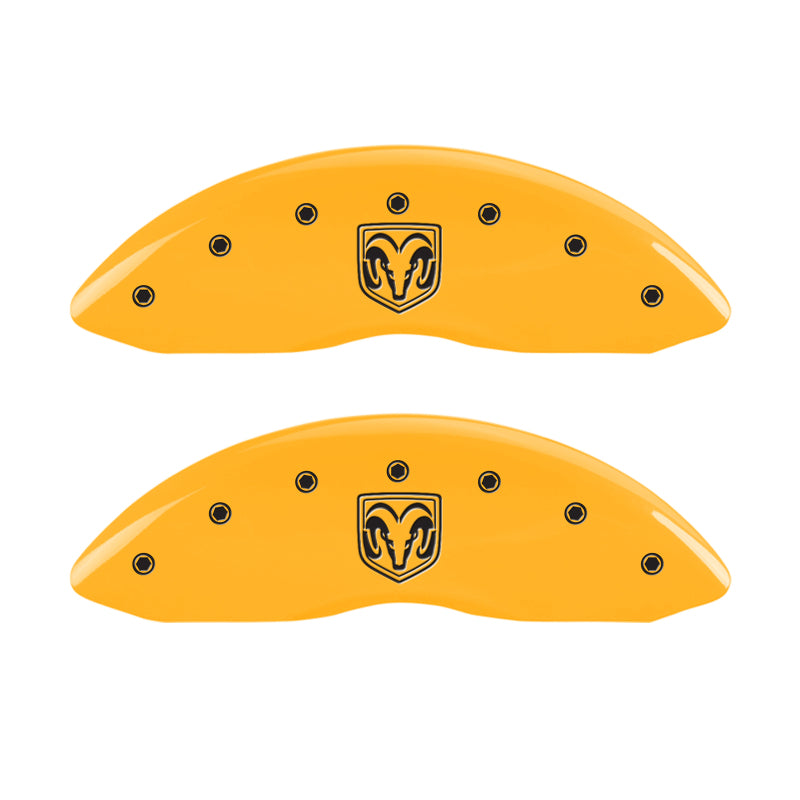 Load image into Gallery viewer, MGP 4 Caliper Covers Engraved Front Ram Rear Ramhead Yellow Finish Black Char 2010 Dodge Ram 2500
