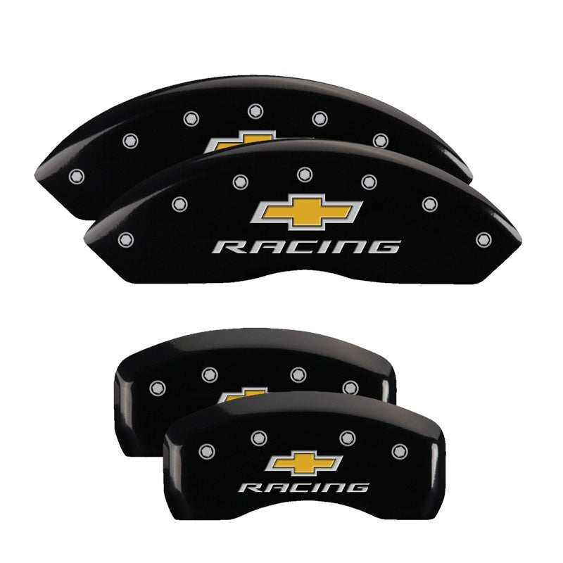 Load image into Gallery viewer, MGP 4 Caliper Covers Engraved Front &amp; Rear Chevy racing Black finish silver ch
