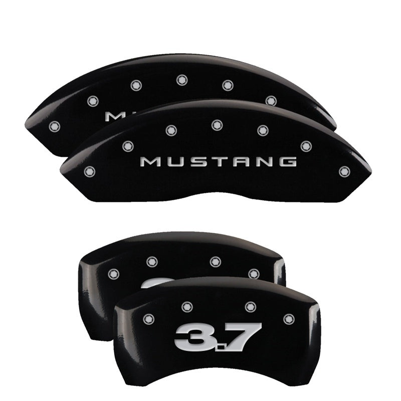 Load image into Gallery viewer, MGP 4 Caliper Covers Engraved Front Mustang Engraved Rear 37 Black finish silver ch
