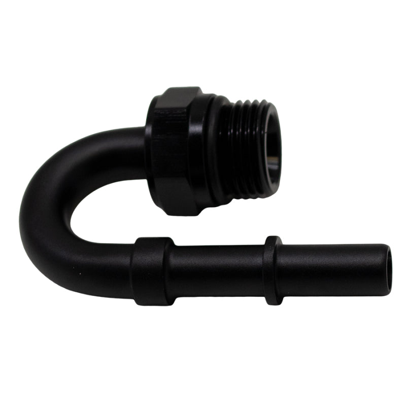 Load image into Gallery viewer, DeatschWerks 8AN ORB Male to 3/8in Male EFI Quick Connect Adapter 180-Degree - Anodized Matte Black
