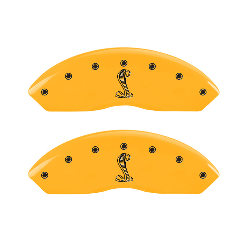 Load image into Gallery viewer, MGP 4 Caliper Covers Engraved Front &amp; Rear Tiffany Snake Yellow Finish Black Char 2004 Ford Mustang
