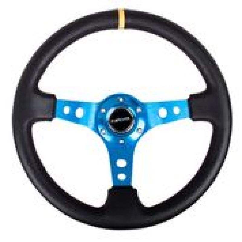 Load image into Gallery viewer, NRG Reinforced Steering Wheel (350mm / 3in. Deep) Blk Leather w/Blue Cutout Spoke &amp; Single Yellow CM
