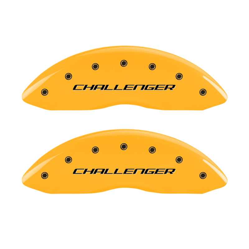 Load image into Gallery viewer, MGP 4 Caliper Covers Engraved Front &amp; Rear Block/Challenger Yellow finish black ch
