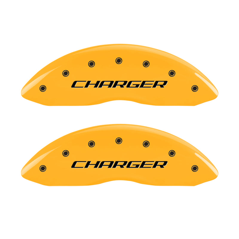 Load image into Gallery viewer, MGP 4 Caliper Covers Engraved Front Charger Engraved Rear RT Yellow finish black ch
