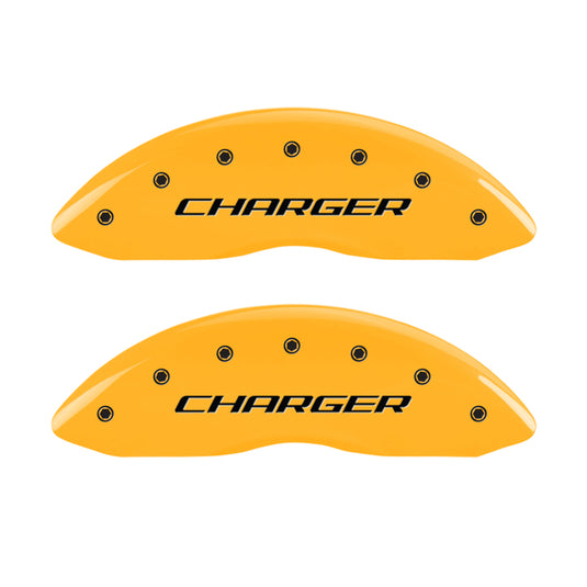 MGP 4 Caliper Covers Engraved Front Charger Engraved Rear RT Yellow finish black ch