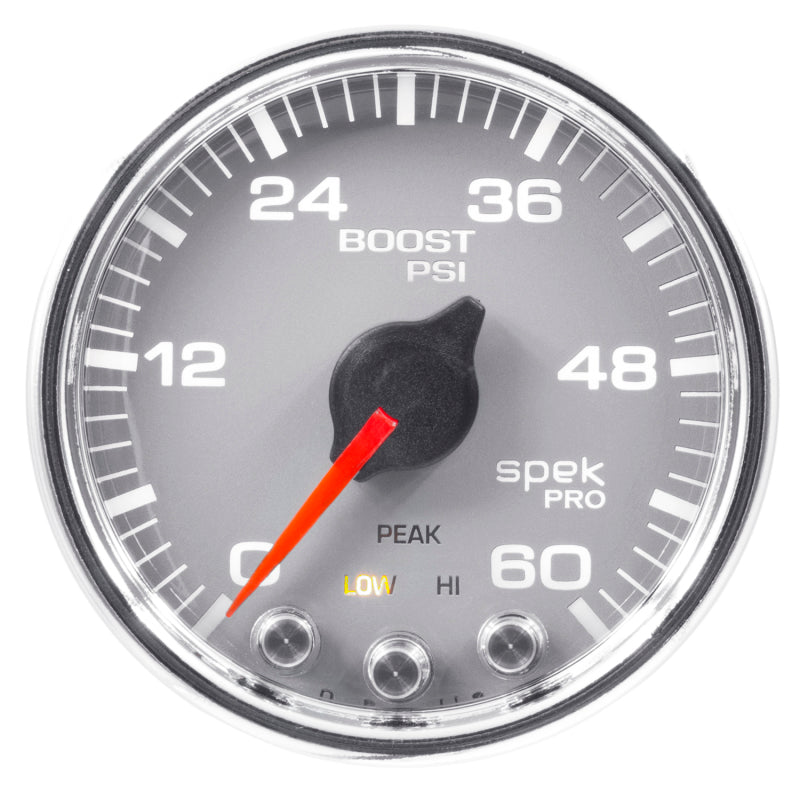 Load image into Gallery viewer, Autometer Spek-Pro Gauge Boost 2 1/16in 60psi Stepper Motor W/Peak &amp; Warn Slvr/Chrm

