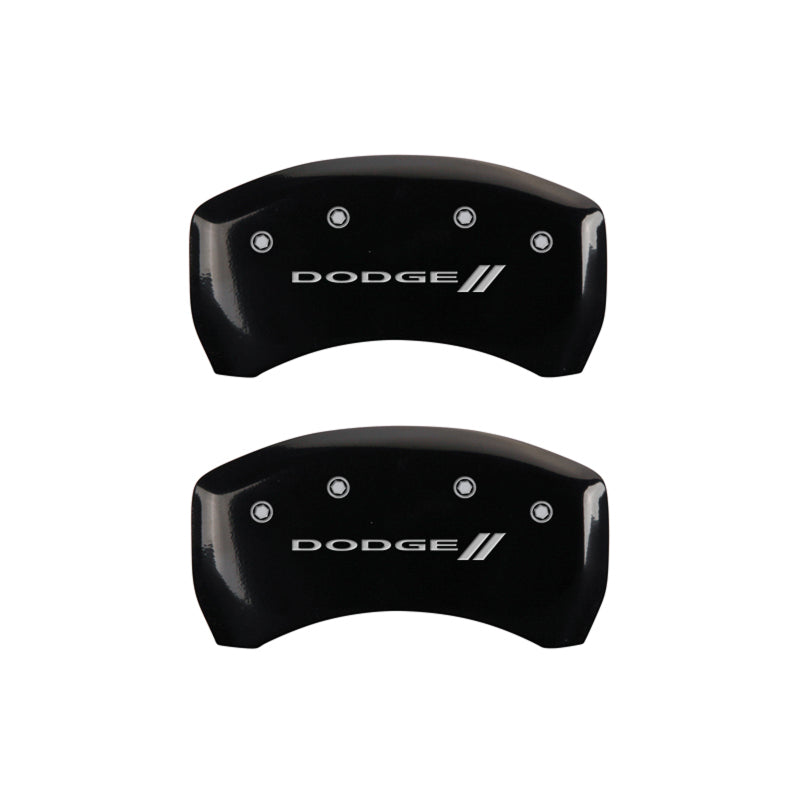 Load image into Gallery viewer, MGP 4 Caliper Covers Engraved Front &amp; Rear With stripes/Dodge Black finish silver ch
