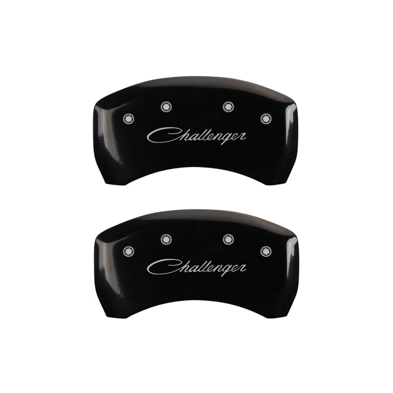 Load image into Gallery viewer, MGP 4 Caliper Covers Engraved Front &amp; Rear Cursive/Challenger Black finish silver ch
