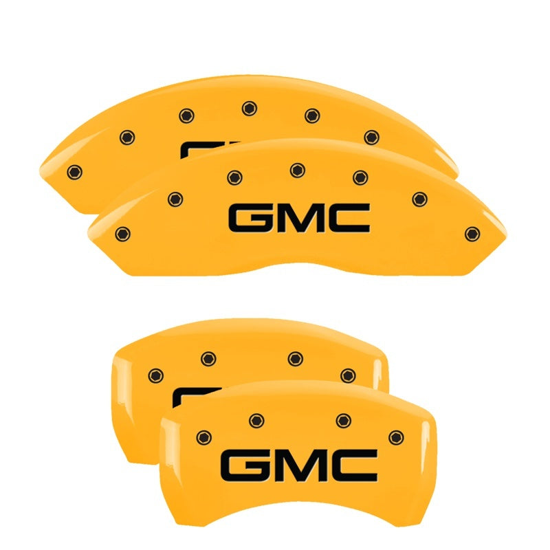 Load image into Gallery viewer, MGP 4 Caliper Covers Engraved Front &amp; Rear GMC Yellow Finish Black Char 2007 GMC Savana 2500
