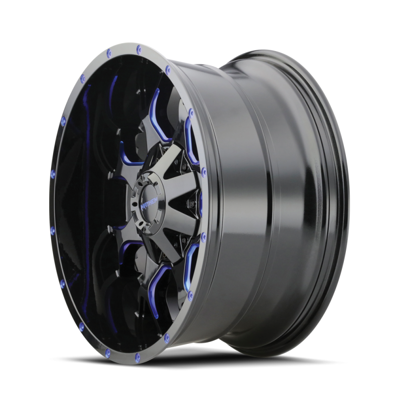 Load image into Gallery viewer, Mayhem 8015 Warrior 20x9 / 5x139.7 BP / 18mm Offset / 110mm Hub Black w/ Prism Blue Wheel
