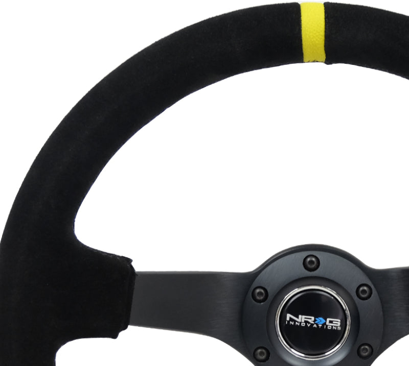 Load image into Gallery viewer, NRG Reinforced Steering Wheel (350mm / 3in. Deep) Blk Suede/X-Stitch w/5mm Blk Spoke &amp; Yellow CM
