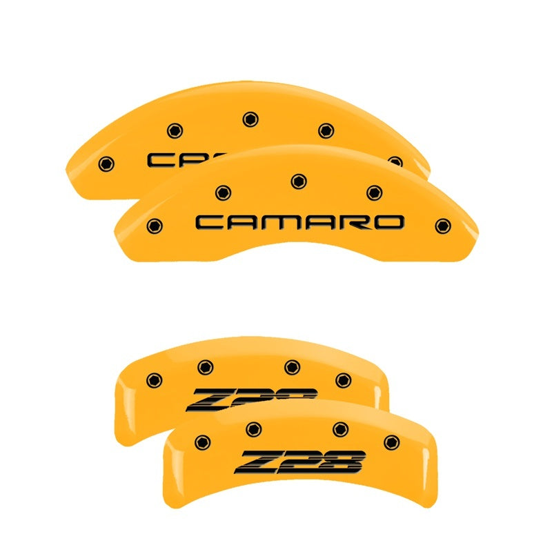 Load image into Gallery viewer, MGP 4 Caliper Covers Engraved Front Camaro Rear Z28 Yellow Finish Black Char 1997 Chevy Camaro
