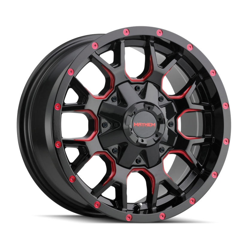 Load image into Gallery viewer, Mayhem 8015 Warrior 17x9 / 8x165.1 BP / -12mm Offset / 130.8mm Hub Black w/ Prism Red Wheel
